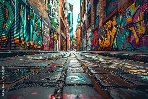 A wide-angle shot of an urban alleyway covered in bold graffiti, showcasing the creativity and vibrancy of urban culture