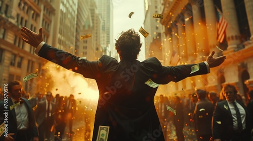 businessman standing in the middle of crowd on wall street, dollar notes are falling from the sky 