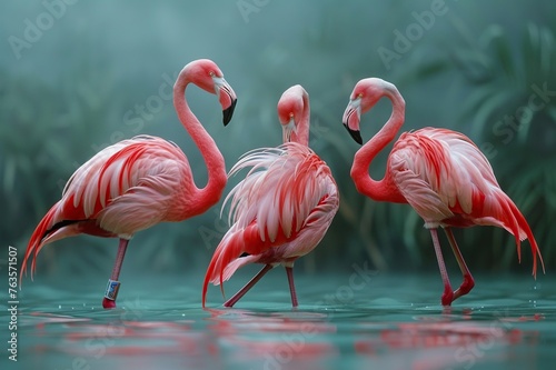 Flamingos in ballet slippers, their onelegged poses a dance of elegance on the water s stage 