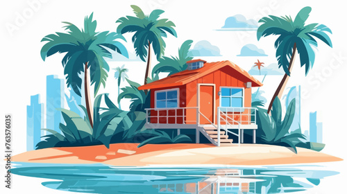 Blue bungalow with lifebuoy and palm trees vector 
