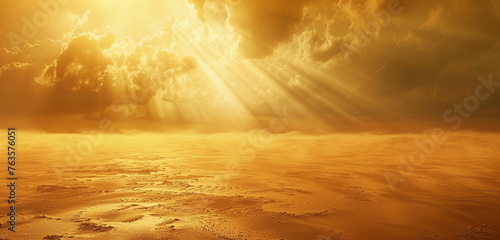 Heavenly rays in a rich gold, illuminating the untouched sands of a vast, peaceful desert