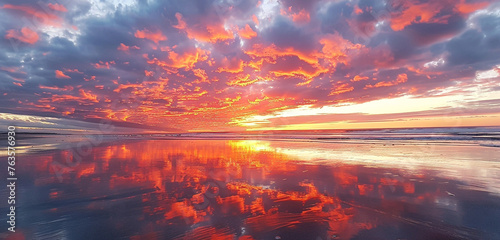a fiery, vibrant sunset over a peaceful, deserted beach, with the colors of the sky reflecting on the wet sand and calm waters