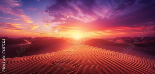 a vast, sandy desert under a twilight sky, with sharp, intricate textures of sand dunes highlighted by the purple and orange hues of the setting sun