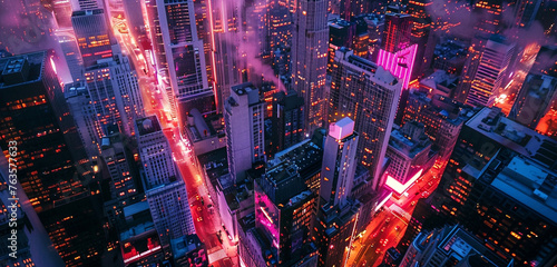 A sprawling urban landscape at dusk, the streets and buildings bathed in the warm glow of orange and pink neon lights