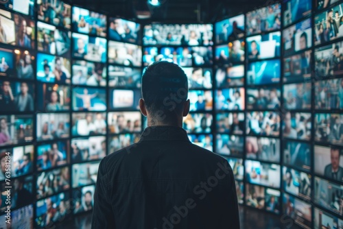Surrender to media: man overwhelmed by a wall of screens