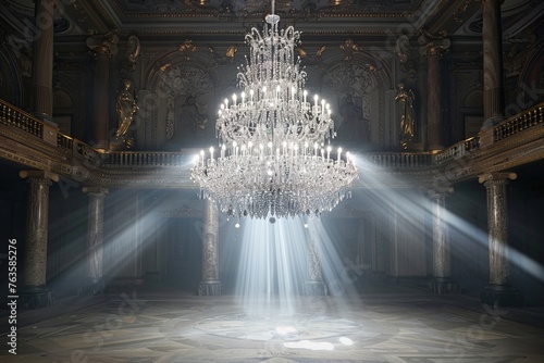 This photo captures a sparkling crystal chandelier hanging from the ceiling of a dark room, casting a soft glow. The intricate design of the chandelier adds a touch of elegance to the space