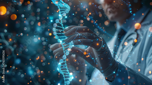 Genetic engineering scientists work with DNA, the human genetic code in a holographic virtual environment, modern genetic engineering