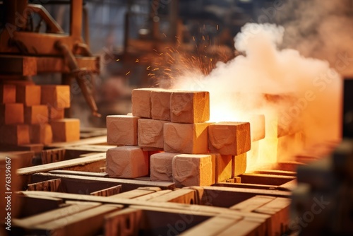 Refractory brick in focus against the backdrop of a busy manufacturing plant filled with heavy machinery