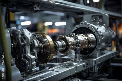 A brand-new steering rack stands out against the intricate industrial background in an automotive factory