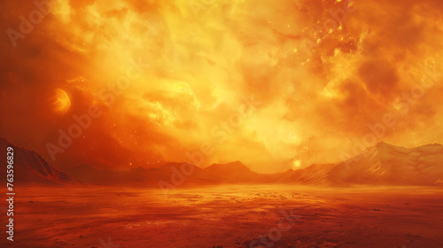 The surface of the planet is orange, and there's an epic firestorm in front. In the distance behind them were mountains made up of yellowish sand dunes.