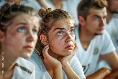 A group of male and female German football fans sit in the stadium with very sad faces and distressed expression and Hands clasped together desperately over her heads after losing the game