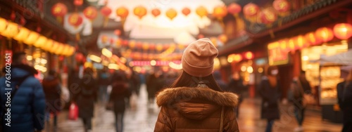 China food market street in Beijing. Chinese tourist walking in city streets on Asia vacation tourism. Asian woman travel lifestyle panoramica banner