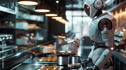 Robot chef cooks a dish in the kitchen. Generative AI