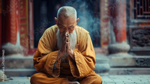 An elderly monk in orange robes meditates peacefully at a serene temple. The atmosphere is mystical with incense smoke. The monks calm demeanor and focused expression exude inner peace.