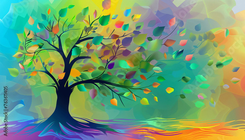 Whimsical illustration of a stylized tree with leaves in a vibrant spectrum of colors, suggesting a lively and colorful take on nature