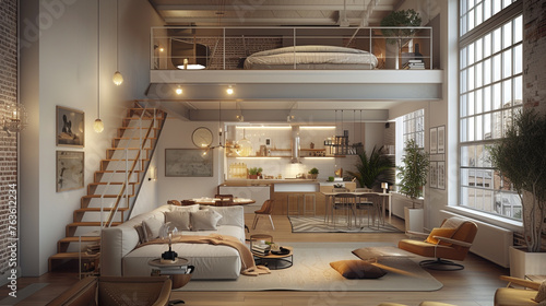 Scandinavian loft with a mezzanine bedroom, overlooking a spacious living area, maximizing space and light. 3D rendering.