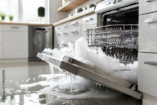 Broken dishwasher with lot of soap foam and water, repair service