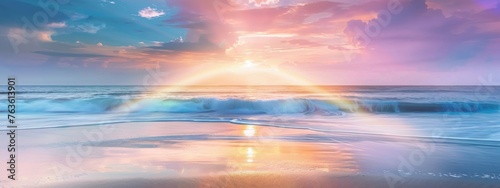 Landscape of beautiful dreamy clear blue and cloudy sky between at the beach with wave and rainbow, sunlight coming from behind the cloud as background and backdrop. technology.