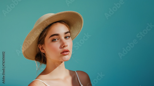 Mulher usando um chapéu de verão isolada no fundo azul 