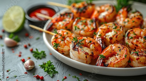 Grilled shrimps or prawns served with lime, garlic and white sauce on a grey concrete background