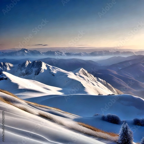 Snow Forest Mountain Tree Landscape Winter hoarfrost. A serene winter landscape with a snow covered forest and mountain range, gleaming peaks, snow laden slopes