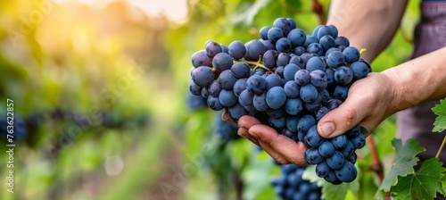 Selective focus hand holding grapes, variety of grapes in blurred background with copy space