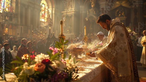 Priest blessing bread and wine on altar decorated for Saint Joseph's Day, with congregation in background