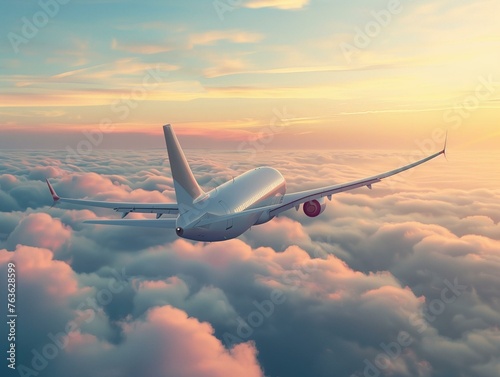 Serene Sunset Flight - Commercial Airplane Soaring Above Clouds