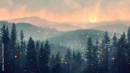 Dusky Sunset Landscape: Serene Forest with Shimmering Fireflies