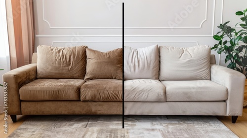 A visual comparison of a sofa before and after professional dry-cleaning, showcasing the effectiveness of cleaning services