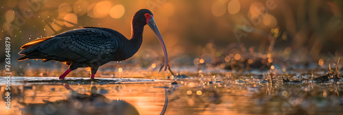 Golden-hour Grace: An Eloquent Portrait of the Scarlet-Faced Ibis Bird in a Serene Marshland
