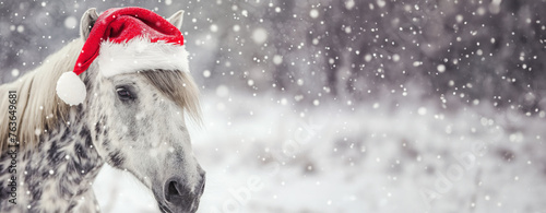 A horse with a calm expression sports a Santa hat, perfect for a holiday greeting, against a plain backdrop ideal for festive text.