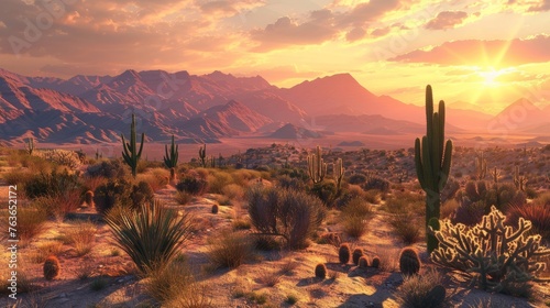 A desert scene featuring a cactus in the foreground and mountains in the background at sunset. Cinco de Mayo theme.