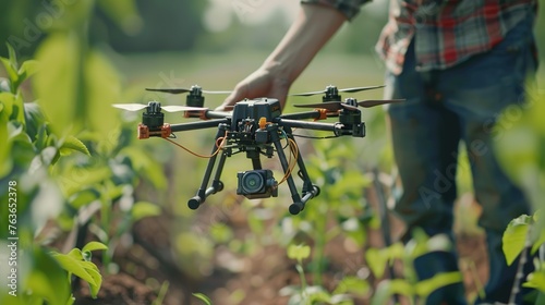 Close-up of a farmer using advanced drone technology for crop monitoring.