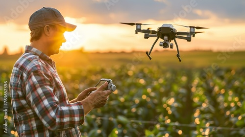 Close-up of a farmer using advanced drone technology for crop monitoring.