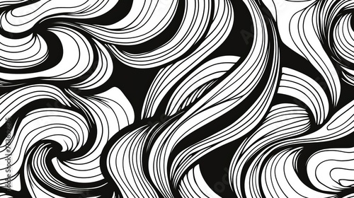 Dynamic black and white doodle pattern, bold curved lines and swirls, seamless vector design