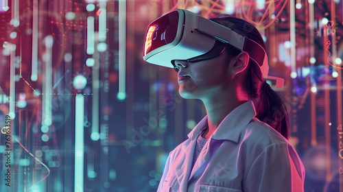 A woman wearing a white lab coat is playing a video game with a virtual reality headset. The game is set in a futuristic world with bright colors and a lot of movement