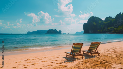 Beautiful tropical sunset landscape, two sun loungers. White sand view, sea view with horizon. Calmness, relaxation. Holiday and relax concept.