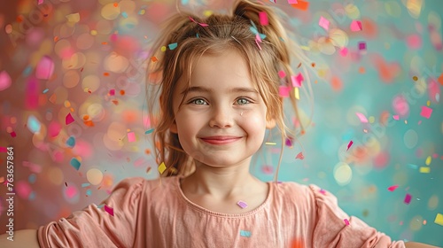 Joyful Celebration: Happy Birthday Girl with Colorful Confetti on Background