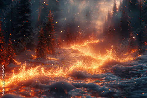 Liquid fire streaming through an arctic forest, illustrating the transformative and destructive power of opposing elements. Concept of elemental metamorphosis. Generative Ai.