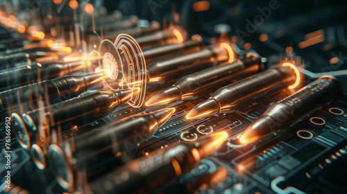 Immerse yourself in a cinematic close-up of sniper bullets enveloped in digital aura, tied to crucial AI and content creation icons. Experience the power of generative tools in visual storytelling.