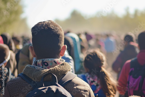 A crowd of refugees crosses the border. Backdrop with selective focus and copy space
