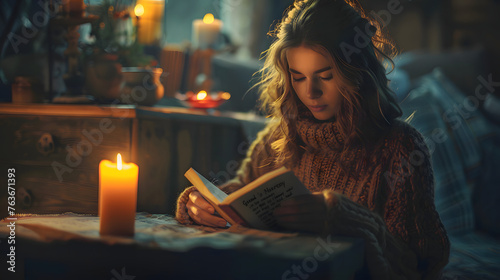 Beautiful woman sits with eyes closed holding a book in candlelit living room at night, enjoying quiet moment.