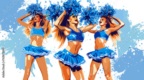 three cheerleaders in blue outfits with pom poms