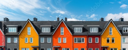 A colorful row of houses with unique facades and roofs against a vibrant blue sky. Each building features colorful fixtures and windows, creating a picturesque scene