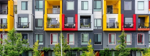 A series of vibrant apartment buildings with balconies, trees lining the facade, and grass in front. The colorful fixtures contrast against the asphalt, creating a picturesque scene