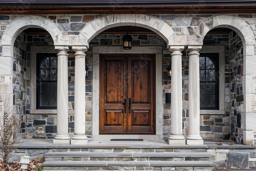 The front door of a stone house with wooden columns and doors adds a charming fixture to the facade, enhancing the symmetry of the home