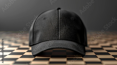 Mockup of a black cap on a checkered table. 