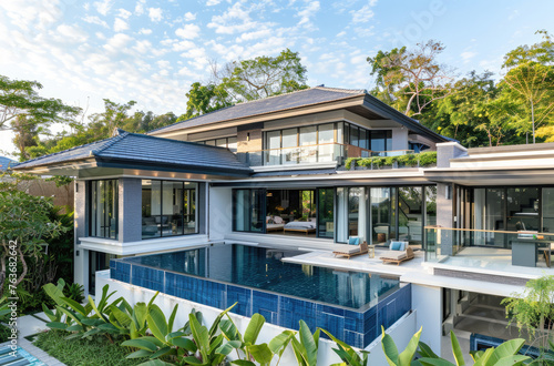 A modern twostory villa with blue tile roof, white walls and glass windows on the first floor. The swimming pool is in front of it, surrounded by lush greenery