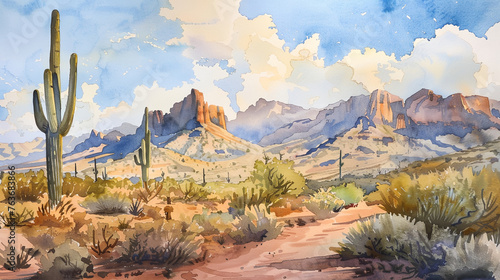 a painting of a desert scene with mountains and cactus trees in the foreground and a cloudy sky in the background